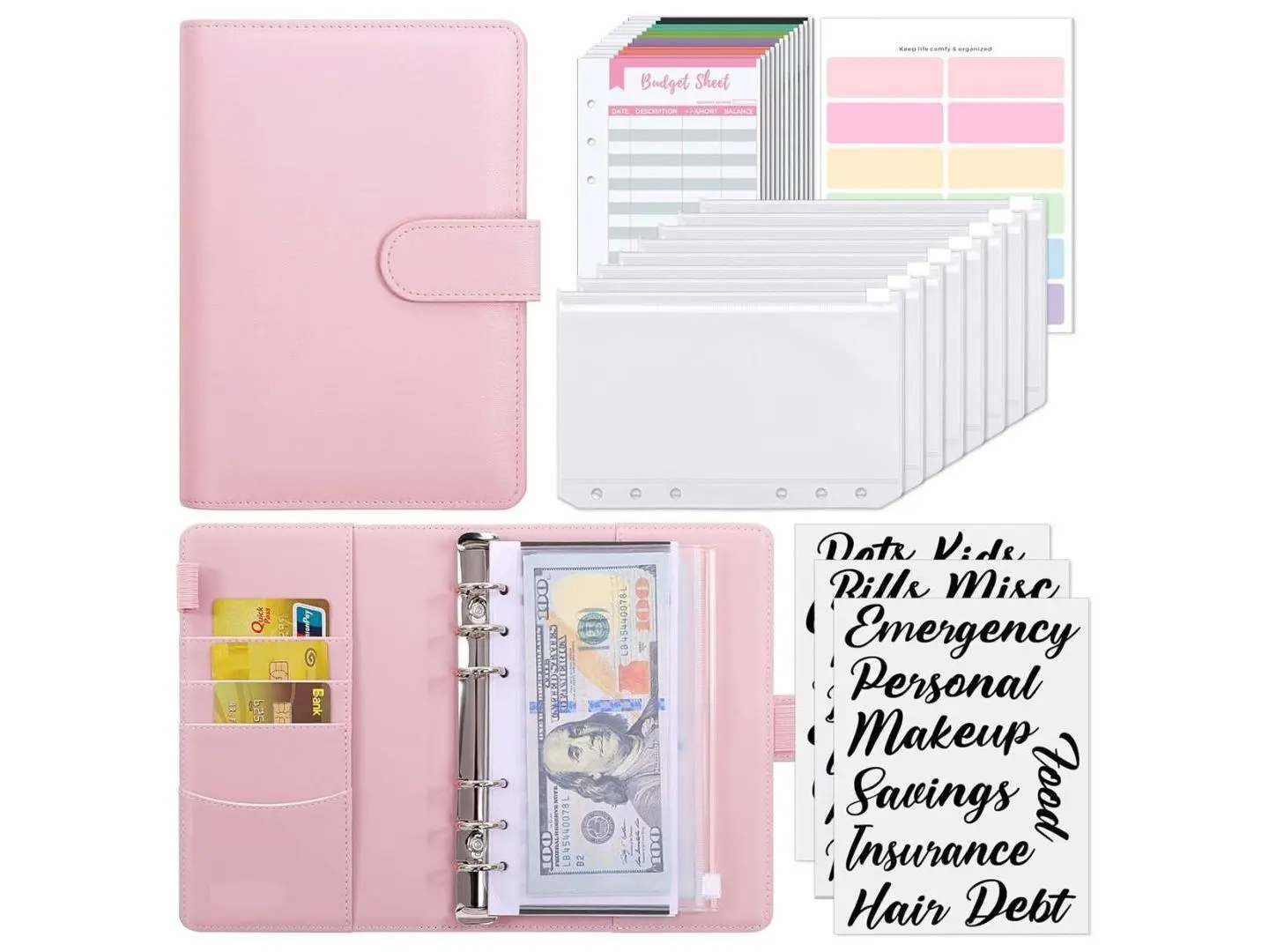 A6 Size Polyurethane (PU) Leather Budget Binder - Monthly Budget Planner, Savings Tracker Organizer, Finance Checklist Organizer, Cash Envelopes, Zipper Pockets, Expense Sheets, Stickers for Emergency Expense Tracking & Money Management