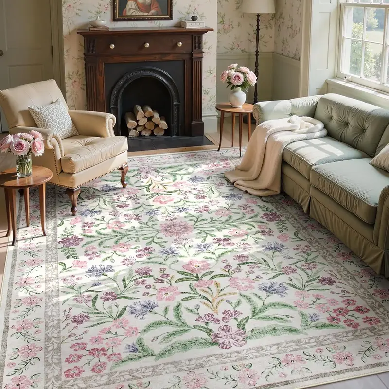 Lahome Flower Washable Area Rugs, Non-Slip Soft Rug for Dining Room, Living Room, Bedroom and Kitchen, Spring Rugs for Decor