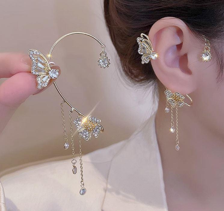 Y042W 两件套闪亮蝴蝶花朵流苏耳夹，无需耳洞，适合日常及特殊场合佩戴，立即加入购物车