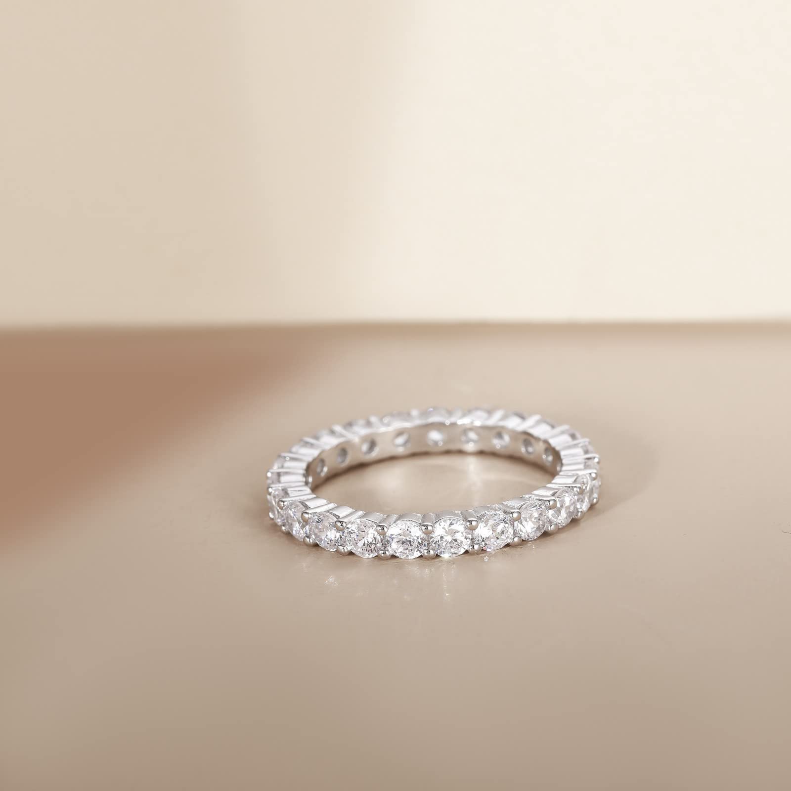 EAMTI 3mm 925 Sterling Silver Wedding Band Round Cubic Zirconia Full Eternity Stackable Engagement Ring for Women